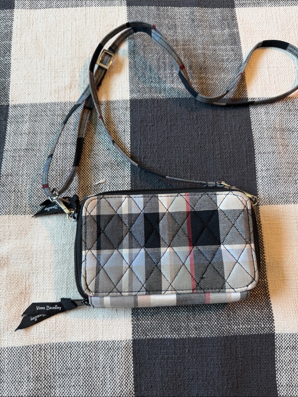 Vera Bradley Quilted Gray Plaid Crossbody Wallet with Adjustable Strap